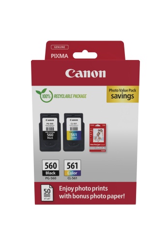 Canon CRG PG-560/CL-561 + Photo Paper Value Pack (3713C008) Ink Cartridge Multipack, BK/CMY