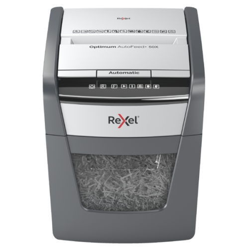Rexel Optimum AutoFeed+ 50X Dokumentų naikiklis Cross cut shredding 4x28mm P-4 20L 55dB, Pilka/Juoda Rexel Optimum AutoFeed+ 50X Dokumentų naikiklis Cross cut shredding 4x28mm P-4 20L 55dB, Pilka/Juoda